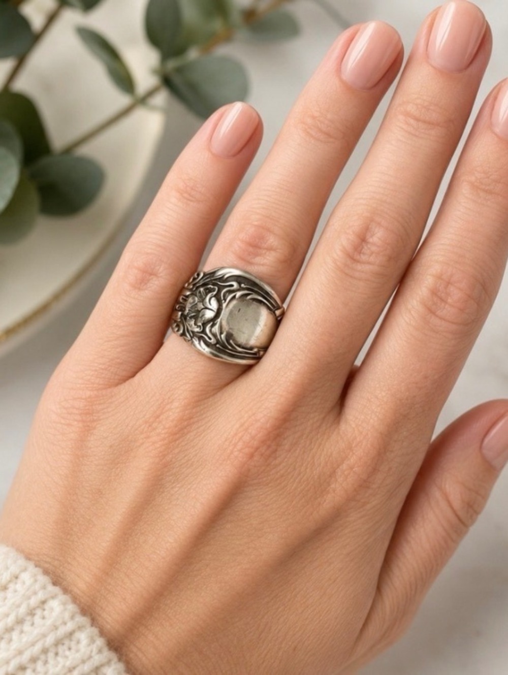 Handmade Silver Spoon Ring Vintage Floral Pattern Size 5.5